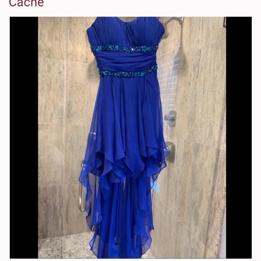 Blue High Low strapless dress with beading, Cache. Sz 4.